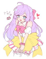 Rule 34 | 1girl, :d, ahoge, bare shoulders, blush, bow, coattails, commentary request, detached collar, detached sleeves, dress, frilled thighhighs, frills, hair bow, hair down, heart, highres, kuma (pripara), layered skirt, long hair, looking at viewer, manaka laala, multicolored clothes, multicolored dress, nojima minami, open mouth, pink bow, pretty series, pripara, puffy detached sleeves, puffy sleeves, purple hair, short dress, simple background, skirt, sleeveless, sleeveless dress, smile, solo, thighhighs, translation request, v arms, very long hair, white background, white sleeves, white thighhighs