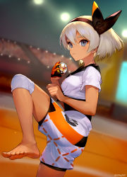 Rule 34 | 1girl, ainy, artist name, ass, barefoot, bea (pokemon), black bodysuit, black hairband, black ribbon, blue eyes, blurry, blurry background, bodysuit, bodysuit under clothes, breasts, clenched hand, commentary request, cowboy shot, creatures (company), crop top, dark-skinned female, dark skin, depth of field, feet, fingerless gloves, game freak, gloves, gym leader, hair between eyes, hair ribbon, hairband, highres, holding, knee pads, leg up, nintendo, poke ball, pokemon, pokemon swsh, ribbon, shirt, short hair, short sleeves, shorts, silver hair, single glove, small breasts, solo, stadium, standing, standing on one leg, thighs, twitter username, white shirt, white shorts