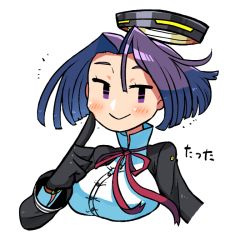 Rule 34 | 10s, 1girl, :&gt;, =), blush, breasts, halo, kantai collection, large breasts, mechanical halo, purple eyes, purple hair, rariatto (ganguri), school uniform, short hair, simple background, smile, solo, tatsuta (kancolle), upper body, white background, | |