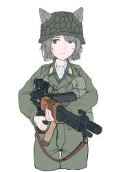 Rule 34 | 1girl, ammunition pouch, animal ears, battle rifle, blue eyes, closed mouth, collared jacket, collared shirt, combat helmet, cowboy shot, cropped legs, ears through headwear, eyes visible through hair, fg 42, green headwear, green jacket, green pants, grey hair, grey shirt, gun, gun sling, hair over one eye, helmet, highres, holding, holding gun, holding weapon, jacket, long sleeves, looking at viewer, military jacket, muzzle device, original, pants, pouch, rifle, savankov, scope, shirt, short hair, simple background, solo, thigh gap, weapon, white background