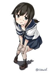 Rule 34 | 10s, 1girl, bad id, bad twitter id, black eyes, black hair, black ribbon, black socks, blouse, blue skirt, blush, brown footwear, collarbone, ebifurya, from above, fubuki (kancolle), full body, hands on own knees, highres, inactive account, kantai collection, looking at viewer, mary janes, open mouth, pleated skirt, ponytail, ribbon, school uniform, serafuku, shadow, shirt, shoes, short sleeves, simple background, skirt, socks, solo, sweat, twitter username, white background, white shirt