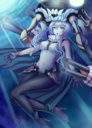 Rule 34 | 10s, 1girl, abyssal ship, aqua eyes, bodysuit, breasts, cape, gloves, highres, kantai collection, mizuya nao, pale skin, silver hair, solo, turret, underwater, wo-class aircraft carrier