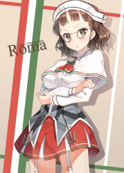 Rule 34 | 10s, 1girl, anchor, breasts, brown eyes, brown hair, capelet, character name, detached sleeves, eyewear strap, garter straps, glasses, hyuuga azuri, kantai collection, large breasts, pince-nez, roma (kancolle), short hair, skirt, solo, thighhighs