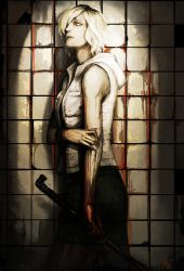 Rule 34 | 1girl, ami thompson, bad id, bad pixiv id, blood, hair over one eye, heather mason, highres, hood, hoodie, injury, lead pipe, lips, no pupils, nose, short hair, silent hill (series), silent hill 3, sleeveless, sleeveless hoodie, solo, tile wall, tiles
