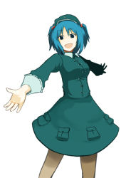 Rule 34 | 1girl, :d, blue dress, blue eyes, blue hair, brown pantyhose, cowboy shot, dress, female focus, foreshortening, grey background, kawashiro nitori, long sleeves, looking at viewer, matching hair/eyes, open mouth, outstretched arms, pantyhose, ruit, simple background, smile, solo, standing, touhou, two side up