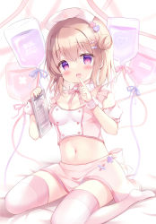 Rule 34 | 1girl, :d, azumi kazuki, bed sheet, blush, breasts, brown hair, cleavage, clipboard, commentary request, crop top, english text, hair between eyes, hair bun, hair ornament, hairclip, hands up, hat, heart, heart hair ornament, highres, holding, intravenous drip, midriff, navel, no shoes, nurse, nurse cap, open mouth, original, pink ribbon, puffy short sleeves, puffy sleeves, purple eyes, ribbon, shirt, short sleeves, single side bun, sitting, skirt, small breasts, smile, solo, thighhighs, wariza, white hat, white shirt, white skirt, wrist cuffs