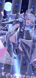 Rule 34 | 1girl, absurdres, armor, breastplate, cleavage cutout, clothing cutout, demon girl, demon horns, dual wielding, duel monster, gauntlets, greaves, grey eyes, grey hair, hair between eyes, highres, holding, holding sword, holding weapon, horns, lady labrynth of the silver castle, lovely labrynth of the silver castle, pinyata (pinyaland), pointy ears, solo, sword, thighhighs, twintails, weapon, yu-gi-oh!