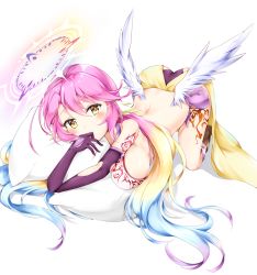 Rule 34 | 1girl, angel wings, ass, back, blush, breasts, spiked halo, cross, feathered wings, gloves, gradient hair, halo, ikasoke (likerm6au), jibril (no game no life), large breasts, long hair, low wings, magic circle, multicolored hair, no game no life, pillow, pink hair, sideboob, solo, symbol-shaped pupils, tattoo, top-down bottom-up, very long hair, white wings, wing ears, wings, yellow eyes