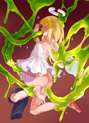 Rule 34 | 1other, angel wings, ass, black shorts, blonde hair, blush, bound, broken halo, collarbone, crimvael, dress, closed eyes, flat chest, from side, halo, highres, ishuzoku reviewers, light particles, long hair, monster, mubo, nose blush, oral, other focus, sandals, shorts, slime (substance), solo, tentacle sex, tentacles, undressing, white dress, wings