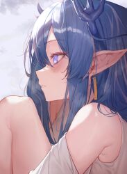 Rule 34 | 1girl, absurdres, arknights, blue eyes, blue hair, commentary, detached sleeves, dkyung004, dragon horns, earrings, english commentary, highres, horns, hugging own legs, jewelry, knees to chest, ling (arknights), long hair, multicolored hair, parted lips, pointy ears, profile, sideways mouth, solo, streaked hair, tassel, tassel earrings, two-tone hair, white hair