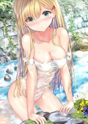 Rule 34 | 1girl, absurdres, blonde hair, breasts, casual one-piece swimsuit, cleavage, commission, cowboy shot, green eyes, hair ornament, hairclip, highleg, highleg swimsuit, highres, long hair, looking at viewer, medium breasts, ogata tei, one-piece swimsuit, original, parted lips, rock, skeb commission, solo, swimsuit, water, wet, wet clothes, wet swimsuit, white one-piece swimsuit