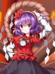 Rule 34 | 1girl, arm up, black skirt, blurry, blurry background, closed mouth, commentary request, hair ornament, highres, layered sleeves, leaf hair ornament, long sleeves, onbashira, purple hair, red eyes, red shirt, rope, ruu (tksymkw), shimenawa, shirt, short hair, short over long sleeves, short sleeves, skirt, smile, solo, touhou, yasaka kanako