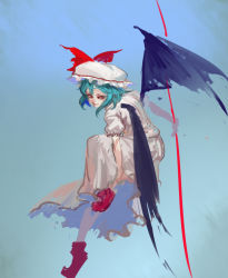 Rule 34 | 1girl, blue background, blue hair, bow, dress, hat, hat bow, inishie kumo, looking at viewer, medium hair, mob cap, puffy short sleeves, puffy sleeves, red eyes, red footwear, remilia scarlet, shoes, short sleeves, sketch, smile, solo, touhou, white dress, white hat, wings