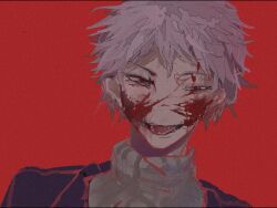 Rule 34 | 1boy, atou haruki, black jacket, blood, blood on face, brown sweater, fang, film grain, jacket, looking at viewer, male focus, open clothes, open jacket, open mouth, pink hair, portrait, red background, red eyes, ribbed sweater, saibou shinkyoku, short hair, simple background, smile, solo, spoilers, sweater, turtleneck, turtleneck sweater, yeti fuliao