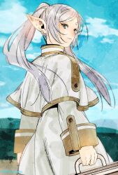 Rule 34 | abe tsukasa, closed mouth, cowboy shot, dangle earrings, dress, earrings, frieren, grey hair, highres, holding, holding suitcase, jewelry, long hair, long sleeves, looking at viewer, looking back, official art, outdoors, pointy ears, sky, smile, sousou no frieren, suitcase, twintails, twitter username, white dress