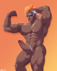 Rule 34 | 1boy, abs, armpits, bara, biceps, blush, bulge, completely nude, dark-skinned male, dark skin, denim, denim shorts, erection, feet out of frame, fire emblem, fire emblem heroes, flexing, groin, helbindi (fire emblem), highres, horns, large pectorals, large penis, looking at viewer, male focus, male pubic hair, multicolored hair, muscular, muscular male, navel, nintendo, nipples, nude, orange hair, pectorals, penis, pubic hair, pubic hair peek, scar, scar on chest, scar on leg, short hair, shorts, sideburns, single horn, solo, stomach, thick thighs, thighs, two-tone hair, uncensored, very dark skin, voviat, white hair, wrinkled skin