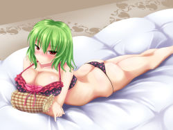 Rule 34 | 1girl, ass, blush, bow, bra, breasts, cleavage, female focus, green hair, heart, highres, kazami yuuka, large breasts, lingerie, lying, negamaro, on stomach, panties, pillow, red eyes, short hair, solo, touhou, underwear