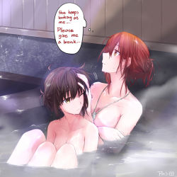 Rule 34 | 2girls, artist name, bath, bathing, blush, breasts, brown hair, cleavage, dog tags, english text, female admiral (kancolle), hatsuzuki (kancolle), highres, kantai collection, multiple girls, nude, onsen, partially submerged, pin.s, red hair, steam, water, wet, yellow eyes