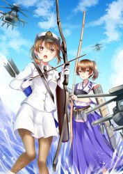 Rule 34 | 2girls, afloat, aircraft, arrow (projectile), black legwear, blue sky, blurry, bow (weapon), brown eyes, brown hair, cloud, cloudy sky, commentary request, day, depth of field, flight deck, gloves, hakama, hakama skirt, hat, helicopter, highres, holding, holding weapon, japanese clothes, kaga (jmsdf), kaga (kancolle), kantai collection, long hair, machinery, mashiro aa, military, military hat, military rank insignia, military uniform, military vehicle, multiple girls, muneate, name connection, navy, necktie, ocean, open mouth, original, pantyhose, parted lips, ponytail, quiver, side ponytail, skirt, sky, tasuki, uniform, weapon, white gloves, yumi (bow)