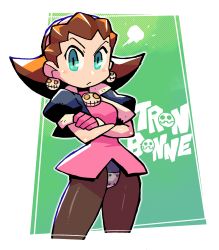 Rule 34 | 1girl, brown hair, brown pantyhose, character name, closed mouth, cowboy shot, crossed arms, crotch plate, dress, earrings, gloves, green background, green eyes, hairband, halftone, highres, jewelry, leotard, looking at viewer, medium hair, mega man (series), mega man legends (series), pantyhose, pink dress, pink gloves, puffy short sleeves, puffy sleeves, rariatto (ganguri), short dress, short sleeves, solo, standing, tron bonne (mega man)