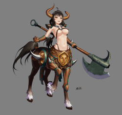 Rule 34 | 1girl, :d, absurdres, ahoge, armor, axe, bad id, bad pixiv id, battle axe, bikini armor, black hair, blush, bracer, bradwarden, breasts, brown eyes, brown gloves, centaur, cleavage, dota (series), dota 2, full body, genderswap, genderswap (mtf), gloves, grey background, highres, holding, holding axe, holding weapon, hooves, horns, horse tail, horseshoe, large breasts, long hair, looking at viewer, mcrc science, monster girl, navel, open mouth, personification, ponytail, short hair, shoulder armor, signature, simple background, smile, solo, spikes, standing, tail, taur, teeth, underboob, weapon