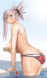 Rule 34 | 1girl, ?, accidental exposure, ass, bikini, breasts, censored, fate/grand order, fate (series), gachou, large breasts, miyamoto musashi (fate), miyamoto musashi (fate/grand order), miyamoto musashi (swimsuit berserker) (fate), miyamoto musashi (swimsuit berserker) (second ascension) (fate), partially submerged, solo, swimsuit, tan, tanline, topless, water, wet