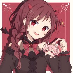 Rule 34 | 1girl, braid, brooch, brown hair, chibi, demon girl, demon horns, fang, halo, heart, heart-shaped pupils, highres, holding, horns, jewelry, jitome, long hair, long sleeves, looking at viewer, mini person, minigirl, open mouth, original, pink eyes, pink hair, rageno0000, red eyes, ribbon, smile, solo, symbol-shaped pupils, twin braids