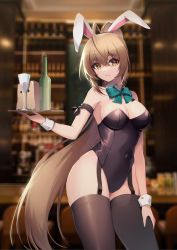 Rule 34 | 1girl, ahoge, animal ears, arm ribbon, bar (place), bare shoulders, black leotard, black thighhighs, bow, bowtie, breasts, brown eyes, brown hair, contrapposto, covered navel, cowboy shot, detached collar, fake animal ears, garter straps, hand on own thigh, highleg, highleg leotard, highres, holding, hololive, hololive english, indoors, leotard, long hair, looking at viewer, medium breasts, nanashi mumei, parted lips, playboy bunny, ponytail, rabbit ears, ribbon, smile, solo, standing, strapless, strapless leotard, thighhighs, ugwa, very long hair, virtual youtuber, wrist cuffs