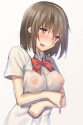 Rule 34 | 1girl, blush, bow, breasts, brown hair, covered erect nipples, crossed arms, gradient background, inverted nipples, large breasts, looking away, mikazuchi zeus, nipples, no bra, open mouth, original, see-through, shirt, short hair, solo