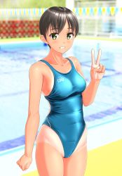 Rule 34 | 1girl, absurdres, aqua one-piece swimsuit, black hair, blue one-piece swimsuit, blurry, breasts, clothes writing, collarbone, competition swimsuit, cowboy shot, depth of field, green eyes, grin, highres, medium breasts, one-piece swimsuit, one-piece tan, original, pool, short hair, smile, solo, string of flags, swimsuit, takafumi, tan, tanline, v, water