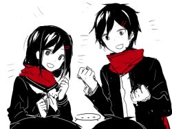 Rule 34 | ..., 1boy, 1girl, :d, aaniko, black eyes, black hair, black jacket, black sailor collar, black serafuku, clenched hands, emphasis lines, gakuran, hair ornament, hairclip, jacket, kagerou project, kisaragi shintarou, long hair, looking at another, matching outfits, mekakushi code (vocaloid), neckerchief, open clothes, open jacket, open mouth, out of frame, partially colored, red scarf, sailor collar, scarf, school uniform, serafuku, shirt, short hair, simple background, sketch, sleeve cuffs, smile, spoken ellipsis, tateyama ayano, upper body, vocaloid, white background, white neckerchief, white shirt