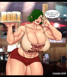 Rule 34 | 1girl, 2020, abs, artist name, avis (strangehero), bar (place), beer mug, blurry, blurry background, blush, brand name imitation, breasts, ceiling light, cleavage, clothes writing, collarbone, commentary, cowboy shot, crop top, cup, earrings, english commentary, english text, eyeshadow, female focus, green eyes, green hair, hair over one eye, highres, holding, holding plate, huge breasts, indoors, jewelry, leaning forward, midriff, mug, muscular, muscular female, open mouth, original, photo background, piercing, plate, purple eyeshadow, red lips, red shorts, short hair, short shorts, shorts, sideways glance, solo, speech bubble, strangehero, sweat, thick thighs, thighs, tomboy, wide hips