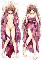 Rule 34 | 1girl, absurdres, arms up, barefoot, bed sheet, breasts, brown eyes, brown hair, collarbone, convenient censoring, dakimakura (medium), feet, flower, from above, full body, groin, hair between eyes, hair flower, hair ornament, highres, japanese clothes, karory, kimono, long hair, lying, medium breasts, multiple views, nipples, no panties, obi, on back, open clothes, open kimono, open mouth, original, purple kimono, sash, scan, toes, twintails, very long hair, white flower, yukata