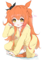 Rule 34 | 1girl, :d, animal ears, barefoot, black ribbon, blush, bow, brown eyes, commentary request, dutch angle, ear ribbon, hair between eyes, hand up, has bad revision, has cropped revision, highres, hood, hood down, hooded jacket, horse ears, horse girl, horse tail, jacket, long sleeves, looking at viewer, maru shion, mayano top gun (umamusume), md5 mismatch, open mouth, orange hair, pajamas, pants, resolution mismatch, ribbon, shadow, sleeves past wrists, smile, soles, solo, source larger, tail, umamusume, white background, yellow jacket, yellow pants