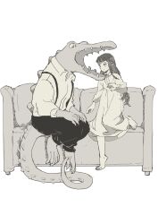 Rule 34 | 1boy, 1girl, animal, barefoot, black pants, closed mouth, clothed animal, commentary request, conical teeth, couch, croco zigmond, crocodile, crocodilian, curled tail, dress, dress shirt, from side, full body, greyscale, hashtag-only commentary, highres, indoors, long hair, looking at another, monochrome, open mouth, original, pants, peter pan collar, philia ell, sharp teeth, shirt, short bangs, simple background, slit pupils, suspenders, teeth, tono (rt0no), white background, white dress