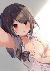 Rule 34 | 1girl, :p, bad id, bad pixiv id, blush, bow, bowtie, breasts, brown hair, dutch angle, grey background, hair ornament, hair tie, heart, heart-shaped pupils, highres, looking at viewer, mafuyu (chibi21), medium breasts, open collar, original, reaching, reaching towards viewer, red eyes, selfie, shirt, short hair, side ponytail, simple background, solo, sweat, symbol-shaped pupils, tongue, tongue out, twitter username, upper body, white shirt