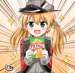 Rule 34 | &gt;:d, 10s, 1girl, :d, anchor hair ornament, blonde hair, blush, brand name imitation, doyagao, emphasis lines, funichika, gloves, green eyes, hair ornament, hat, holding, kantai collection, long hair, looking at viewer, nichika (nitikapo), open mouth, peaked cap, pretz, prinz eugen (kancolle), signature, smile, smug, solo, sparkle, twintails, v-shaped eyebrows, white gloves