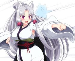 Rule 34 | 1girl, :3, :d, animal ear fluff, animal ears, armpit cutout, armpits, big hair, blush, breasts, cat, clenched hands, clothing cutout, commentary request, fang, fighting stance, fox ears, grey hair, japanese clothes, kimono, large breasts, long hair, long sleeves, null (nyanpyoun), obi, open mouth, parted bangs, pink eyes, ponytail, sash, smile, solo, speed lines, touhoku itako, very long hair, voiceroid, white background, white kimono