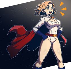Rule 34 | 1girl, absurdres, belt, blonde hair, blue eyes, blue footwear, blue gloves, boots, breasts, cape, cleavage, cleavage cutout, clothing cutout, dc comics, gloves, highres, large breasts, leotard, masgamjya, power girl, red cape, short hair, smile, solo, standing, superhero costume, thighs