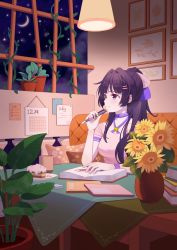 Rule 34 | 1girl, absurdres, book, bow, chayinlulu, closed mouth, couch, flower, hair bow, highres, holding, holding pen, honkai (series), honkai impact 3rd, long hair, moon, night, night sky, notebook, painting (object), pen, pillow, pink shirt, plant, pot, potted plant, purple eyes, purple hair, raiden mei, shirt, short sleeves, sitting, sky, smile, solo, star (sky), starry sky, sunflower, table