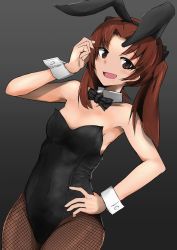 Rule 34 | 1girl, animal ears, black bow, black leotard, black pantyhose, bow, bowtie, breasts, brown eyes, brown hair, collar, commentary, covered navel, cowboy shot, detached collar, dutch angle, fake animal ears, fishnet pantyhose, fishnets, girls und panzer, hair bow, hand in own hair, hand on own hip, kadotani anzu, leotard, long hair, looking at viewer, ngc20701, open mouth, pantyhose, parted bangs, playboy bunny, rabbit ears, small breasts, smile, standing, strapless, strapless leotard, twintails, white collar