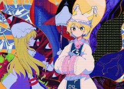 Rule 34 | 2girls, animal, animal ears, blonde hair, blue vest, bow, buttons, cat, chen, chen (cat), closed mouth, dress, earrings, fox ears, fox tail, gap (touhou), gloves, hair between eyes, hair bow, hand up, hands up, hat, itomugi-kun, jewelry, long hair, long sleeves, looking at viewer, mob cap, multicolored background, multiple girls, multiple tails, own hands together, puffy short sleeves, puffy sleeves, purple dress, purple sleeves, purple vest, red bow, red eyes, short hair, short sleeves, single earring, smile, tabard, tail, touhou, two tails, vest, white dress, white gloves, white headwear, white sleeves, wide sleeves, yakumo ran, yakumo yukari, yellow eyes