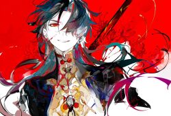 Rule 34 | 1boy, black hair, black jacket, blade (honkai: star rail), blood, blood on face, chinese clothes, ezu (e104mjd), flower, hair over one eye, honkai: star rail, honkai (series), jacket, long hair, looking at viewer, male focus, multicolored hair, one eye covered, red background, red eyes, red hair, shirt, sketch, smile, solo, spider lily, teeth, white background, yellow shirt