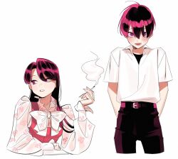 Rule 34 | 1boy, abbystea, belt, bow, bowtie, chae yul, cigarette, collared shirt, commentary, crossdressing, dress, dual persona, english commentary, floral print, holding, holding cigarette, purple eyes, purple hair, secret alliance, shirt, smoking, white shirt