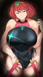Rule 34 | 1boy, 1girl, bad id, bad pixiv id, bare shoulders, black one-piece swimsuit, blush, breasts, cafekun, chest jewel, competition swimsuit, earrings, highres, jewelry, large breasts, looking to the side, one-piece swimsuit, pyra (pro swimmer) (xenoblade), pyra (xenoblade), red eyes, red hair, red one-piece swimsuit, short hair, smile, solo focus, swept bangs, swimsuit, thick thighs, thigh grab, thighs, tiara, two-tone swimsuit, xenoblade chronicles (series), xenoblade chronicles 2