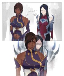 Rule 34 | 2girls, 2koma, angry, armor, arrow (symbol), bare shoulders, black dress, breasts, closed eyes, closed mouth, comic, dark-skinned female, dark skin, dress, flying sweatdrops, freckles, highres, irelia, karma (league of legends), large breasts, league of legends, long hair, medium breasts, multiple girls, outside border, own hands together, pale skin, people, red dress, shaded face, short hair, sleeveless, sleeveless dress, sweatdrop, uchu keito