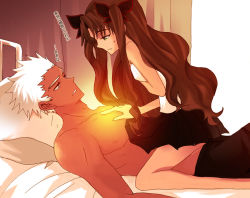 Rule 34 | 10s, 1boy, 1girl, aoto0000, archer (fate), bad id, bad pixiv id, bed, brown hair, dark skin, dark-skinned male, fate/extra, fate/stay night, fate (series), girl on top, green eyes, grey eyes, hair ribbon, healing, height difference, long legs, lying, no legwear, on back, on bed, pleated skirt, ribbon, topless male, sitting, sitting on person, skirt, straddling, tohsaka rin, translation request, two side up, white hair