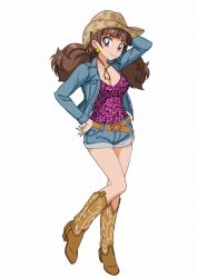 Rule 34 | 1girl, amanogawa kirara, arm up, bad id, bad pixiv id, blue jacket, blue shorts, blunt bangs, boots, breasts, brown footwear, brown hair, brown hat, cleavage, collarbone, denim, denim jacket, denim shorts, earrings, full body, go! princess precure, hand on own hip, hat, highres, jacket, jewelry, knee boots, long hair, long sleeves, looking at viewer, medium breasts, open clothes, open jacket, pink shirt, precure, print headwear, print shirt, purple eyes, shirt, short shorts, shorts, simple background, solo, standing, star (symbol), star earrings, star print, towairaito-chan!, white background