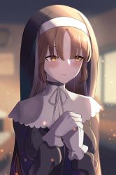 Rule 34 | 1girl, blurry, blurry background, blush, brown eyes, brown hair, gloves, habit, highres, indoors, long hair, nijisanji, nun, parted bangs, sister claire, sister claire (1st costume), solo, sooon, traditional nun, upper body, very long hair, virtual youtuber, white gloves