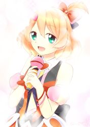 Rule 34 | 1girl, :d, absurdres, blonde hair, bow, bracelet, colored tips, commentary, cyn-kamo, dress, english commentary, freyja wion, green eyes, hair bow, heart, heart in eye, highres, holding, holding microphone, jewelry, looking at viewer, macross, macross delta, microphone, multicolored hair, open mouth, orange hair, painttool sai (medium), pink bow, red bow, red dress, short hair, smile, solo, symbol in eye, white background